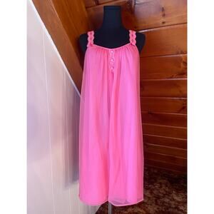 Vintage 70s Hot Pink Sheer Chiffon Babydoll Nightgown with Lace Straps sz M